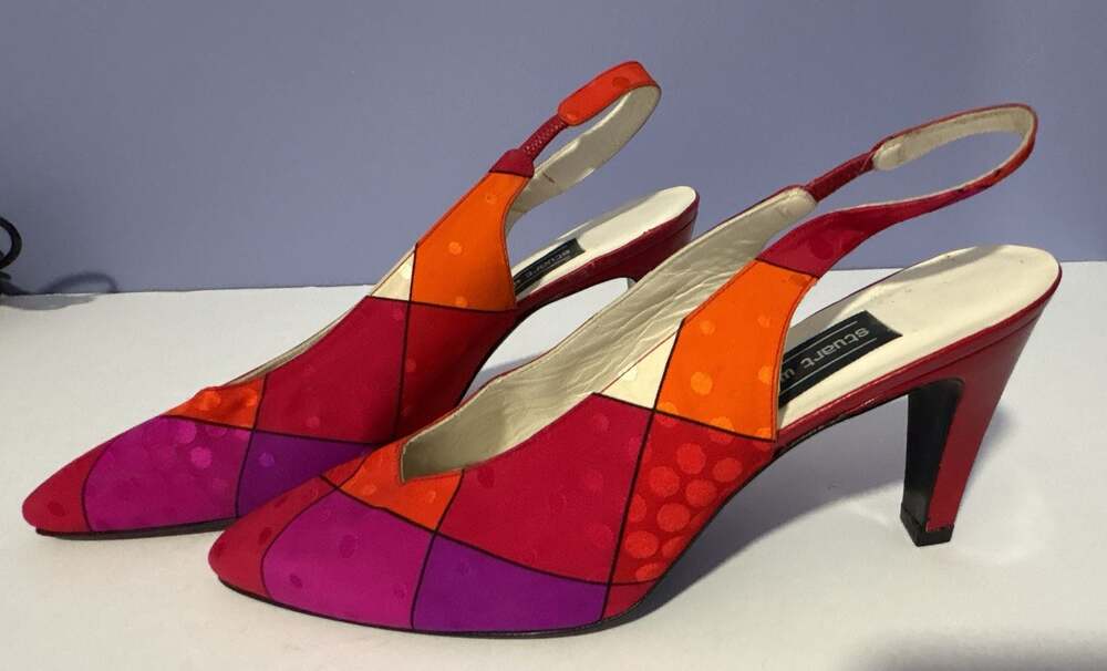 Stuart Weitzman Multicolor Patchwork Satin Polka Dot Slingback Pumps Size 8.5